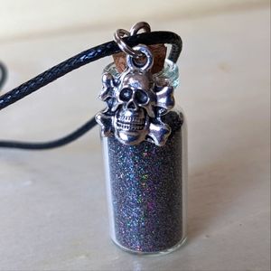 NEW Handmade Skull ☠️ Gunmetal Glitter Bottle Necklace